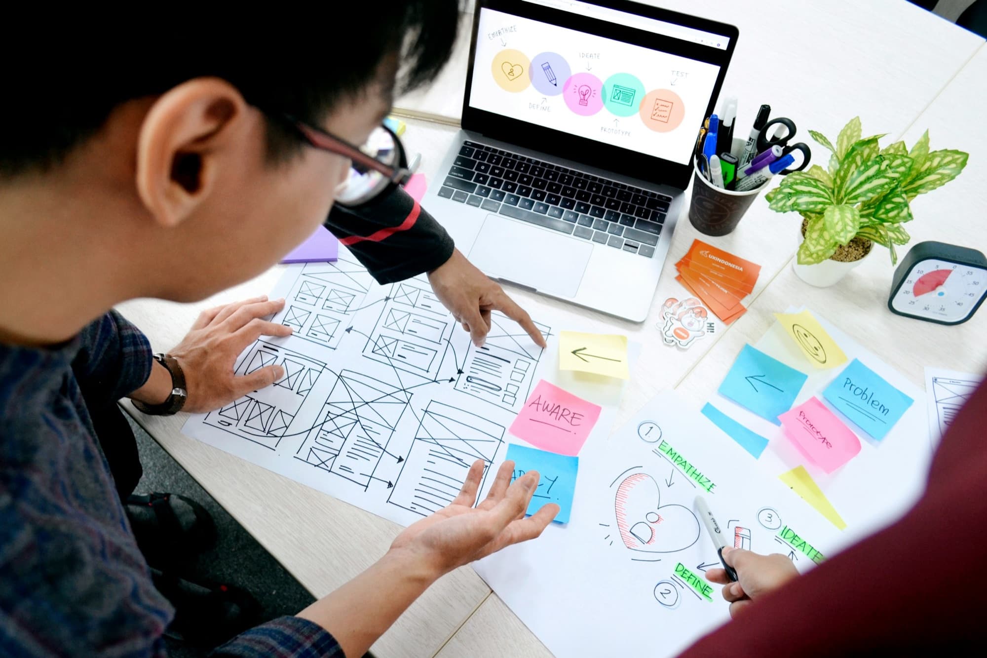 Design team reviewing interface wireframes and user journeys